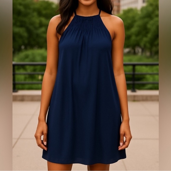 Everly Navy Blue Halter Dress Size Medium – Sleeveless High Neck Smocked Detail - Picture 1 of 8